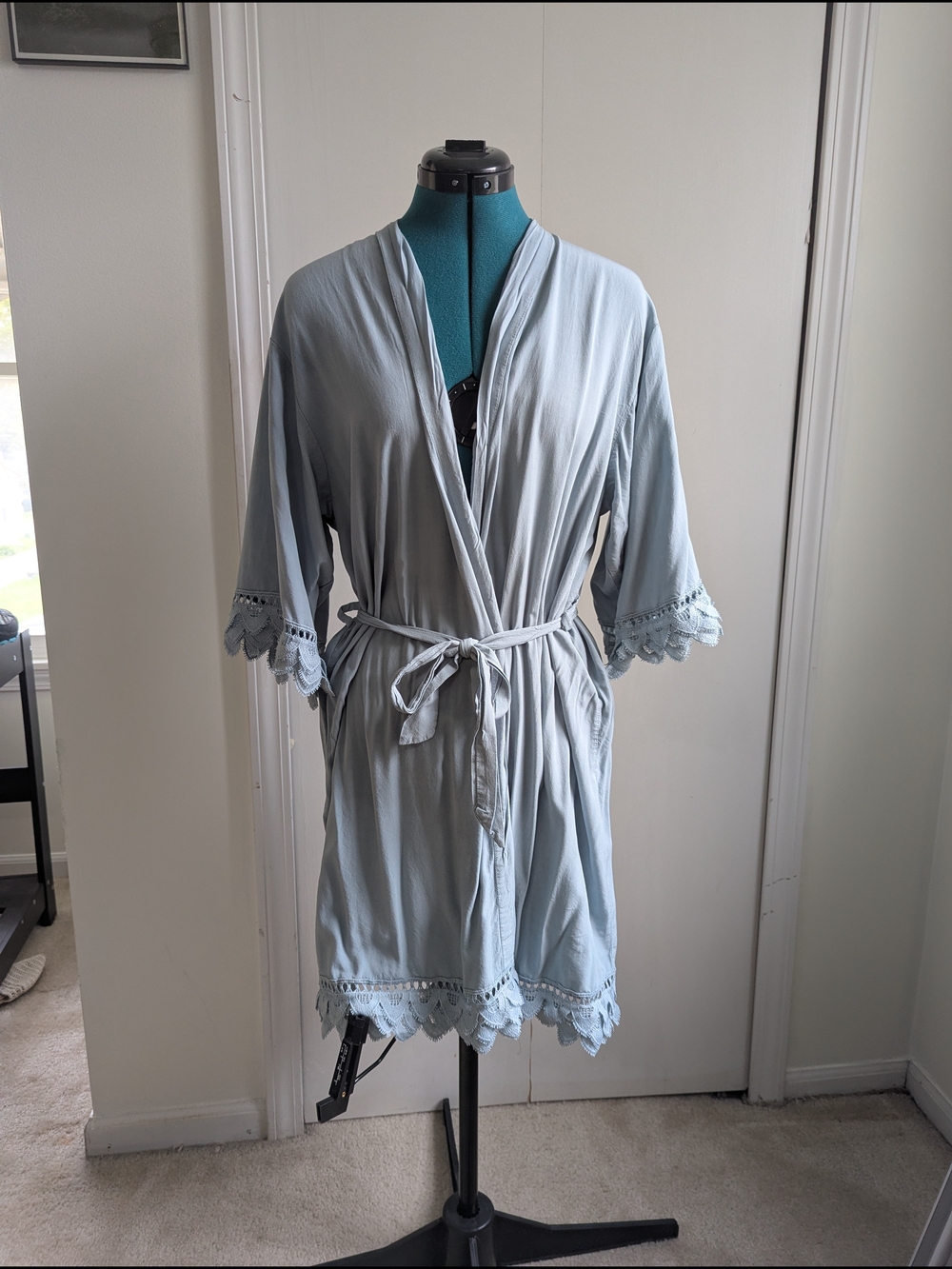 Light Blue Lace-Trim Robe with Waist Tie